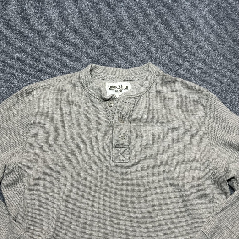 Eddie Bauer Henley Shirt Mens Large Gray Thermal Long Sleeve Waffle Knit Top